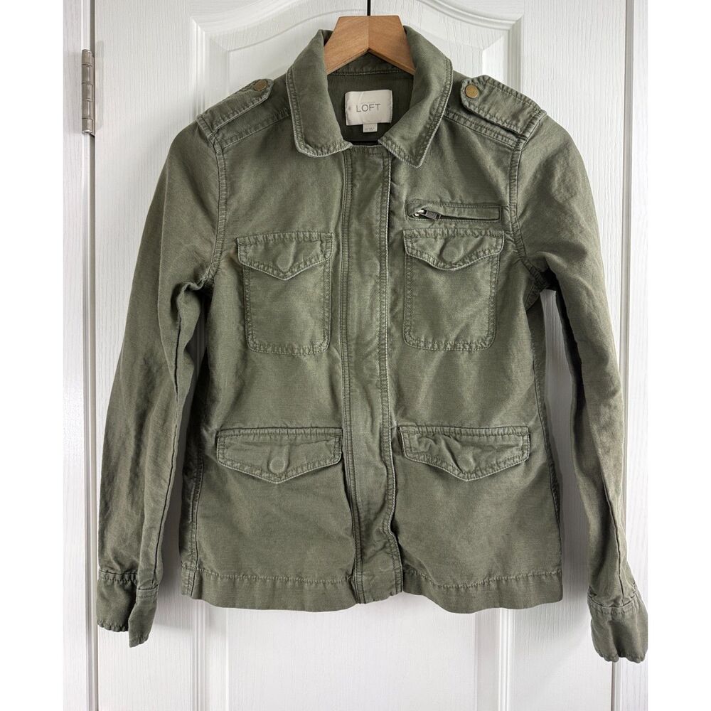 LOFT Womens XS Olive Green Linen Cotton Utility Military Field Jacket